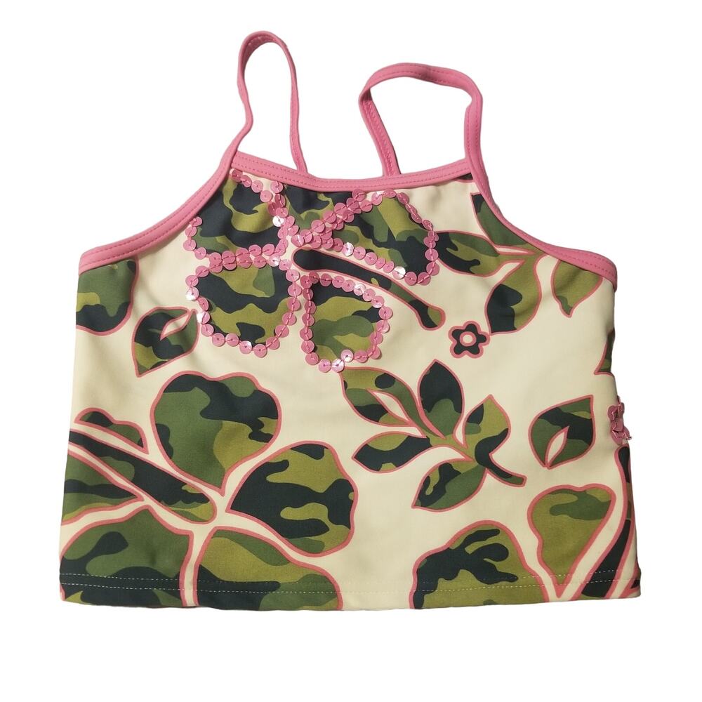 Girls Angel Beach Size 7 Tankini Pink White Green Camo Bikini Top